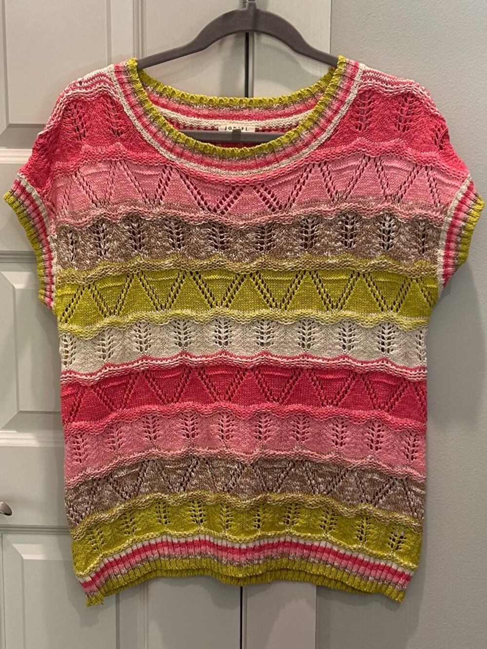 Jodifl Open Knit Short Sleeve Striped Crew Neck Sweater